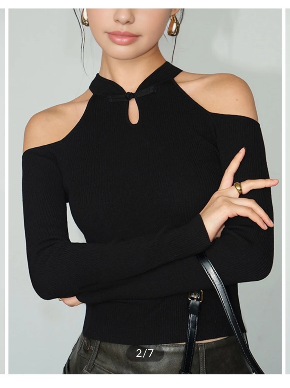 Commense Black Cold-Shoulder Ribbed Keyhole Sweater